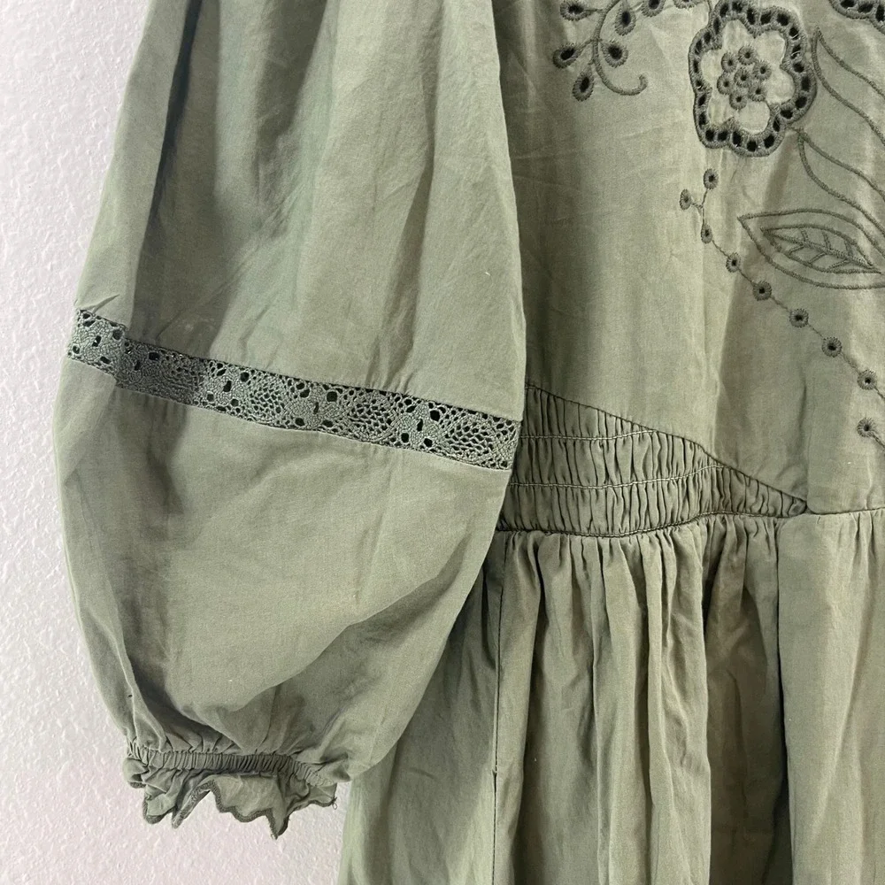 American Eagle Eyelet Embroidered Mini Dress Women M Green Cotton Ruffle Mori - Picture 4 of 15